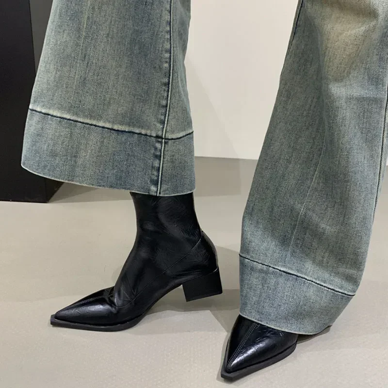 Pointed Toe Women Slim Ankle Boots Fashion Square Low Heel Ladies
