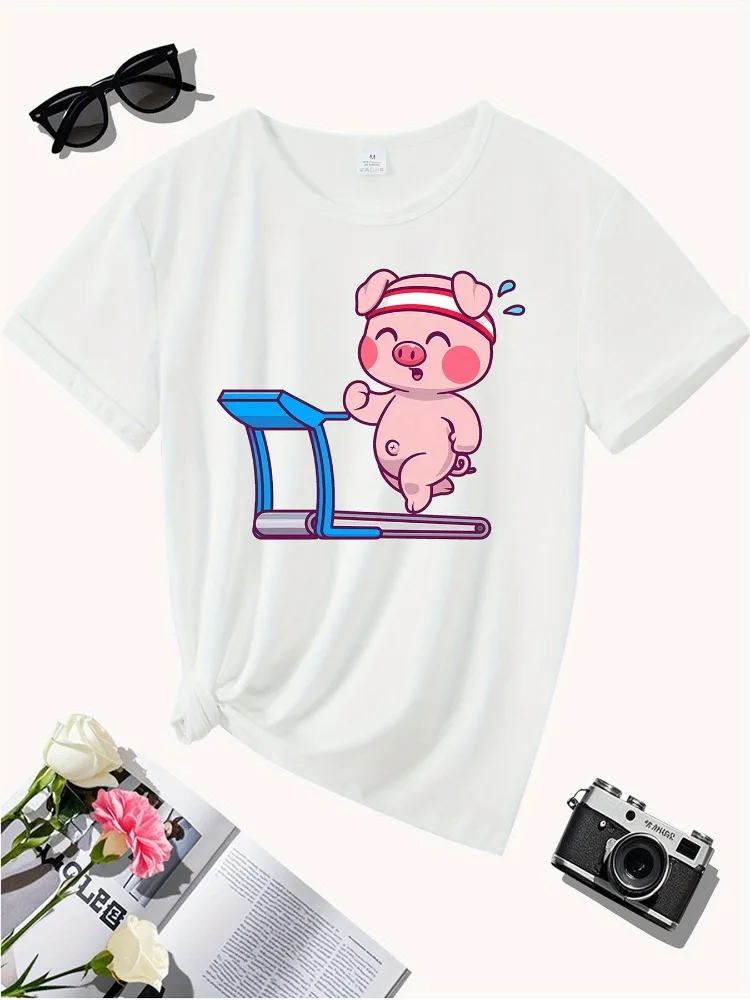 لطيف الكرتون خنزير نمط المشي طباعة المرأة تي شيرت عارضة أزياء قصيرة الأكمام أعلى لينة النسيج الشارع الشهير