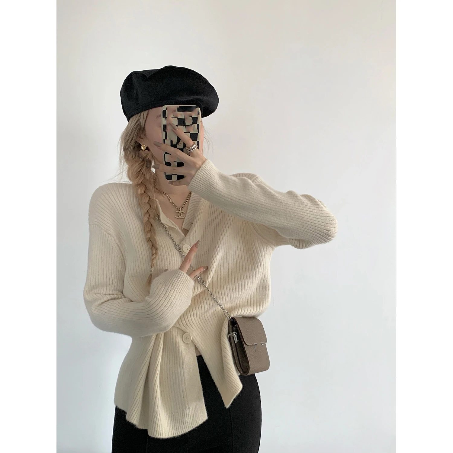 

Slant Button Knitted Cardigan Irregular Niche White Sweater 2022 New Autumn Winter Solid Soft Women's Long Sleeves Shirt