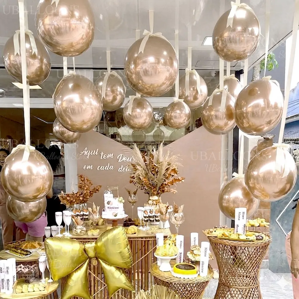 

10pcs Ribbon Champagne Gold Balloons 10-18'' Hanging Metallic Chrome Champagne Gold Balloon for Birthday Christmas Wedding Decor