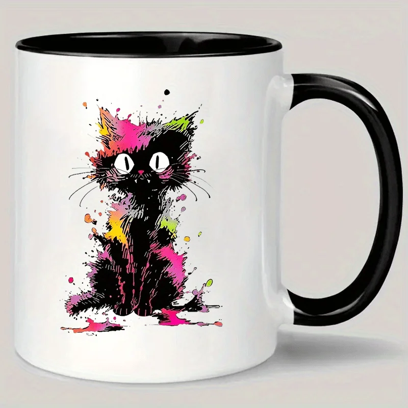 11oz Ceramic Mug Colorful Design Playful Black Cat Paint Splatter Insulated Reusable Coffee Cup Hand Wash Ideal Gift