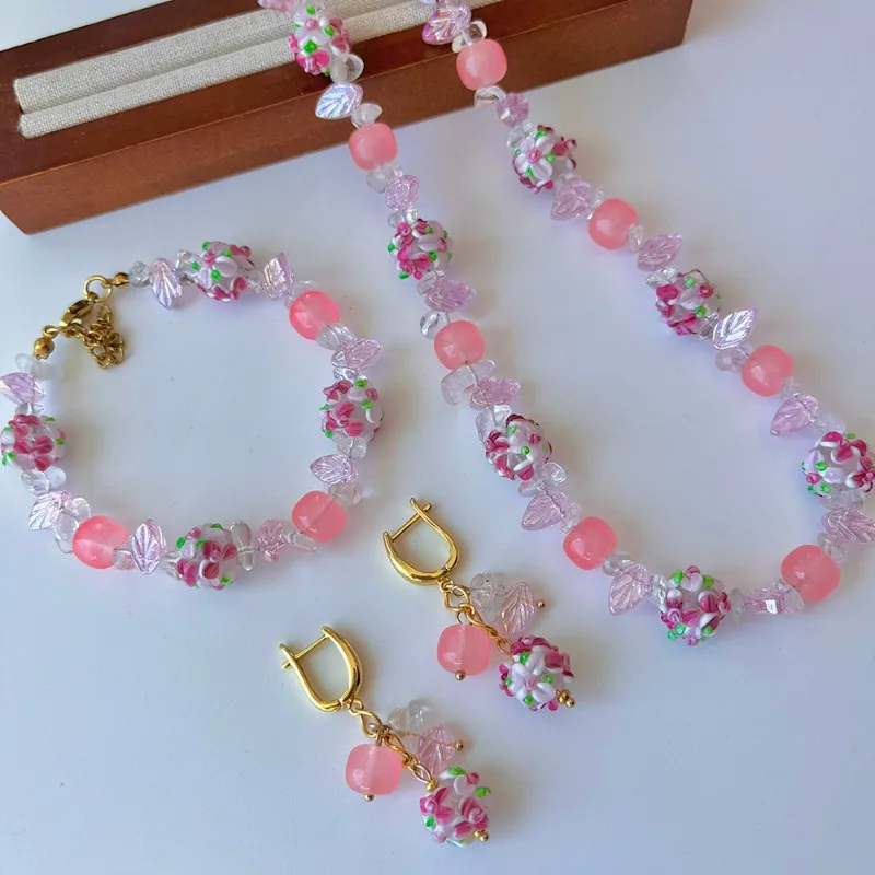 

Retro Sweet Pink Glazed ball beads with White Gravel Necklace Bracelet Earbuds Autumn and Winter Jewelry High-end Girls Gift