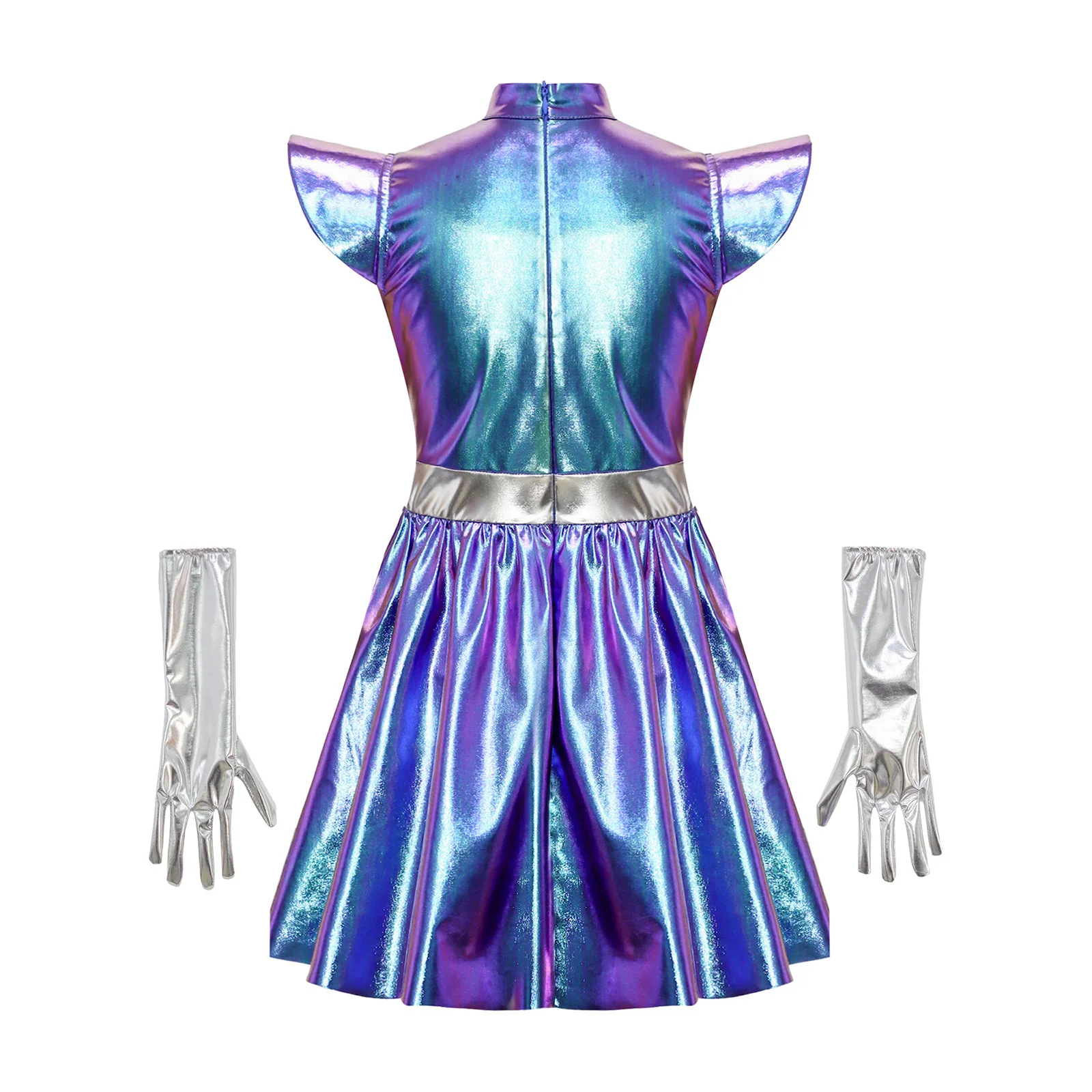 Vestido espacial brillante para niñas con guantes - close-up view
