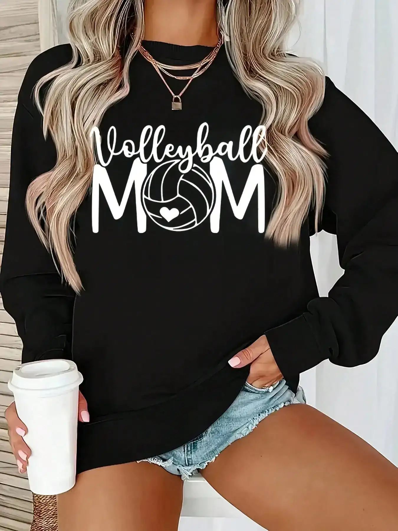 

Свитшот с принтом «Волейбольная мама» — свободный крой, круглый вырез, повседневный принт для женщин, осенне-зимняя одежда