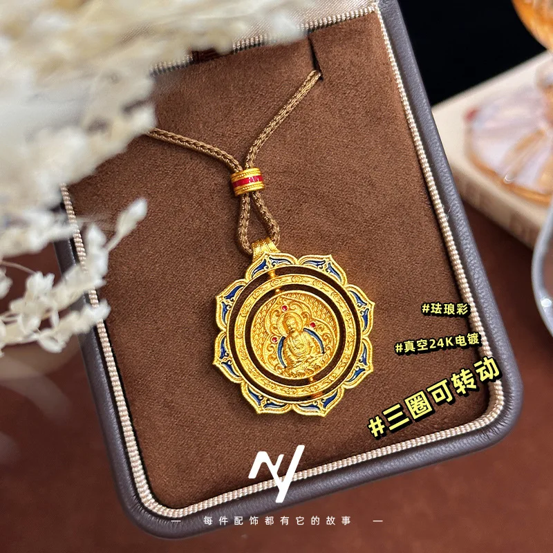 

Luxurious Women's 9999 24K Real Gold Style Enamel Burnt Blue Rotating Three Circles Buddha Pendant Sweater Chain Pendant