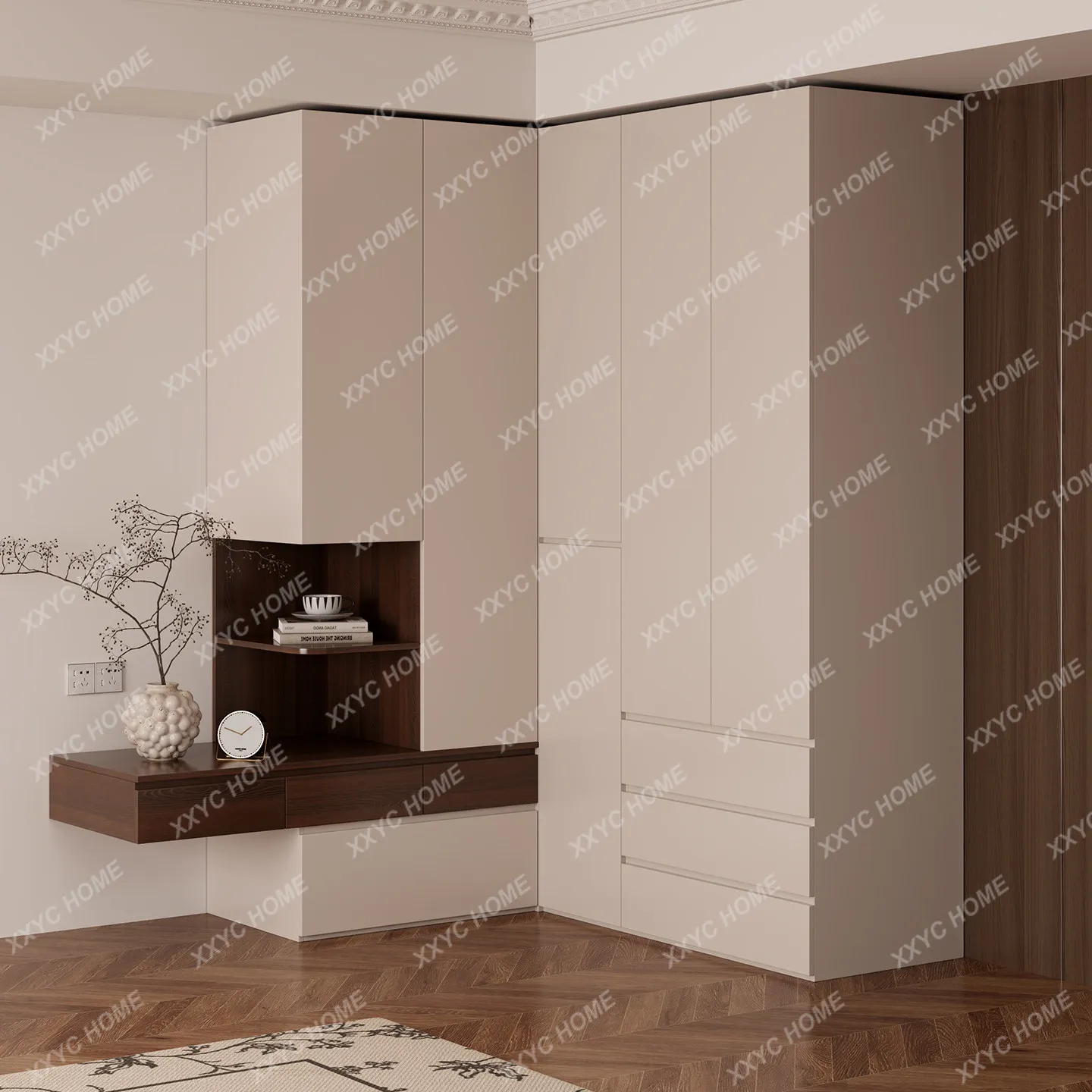 Bedroom corner wardrobe suspended bedside locker combination segmented L-shaped wardrobe