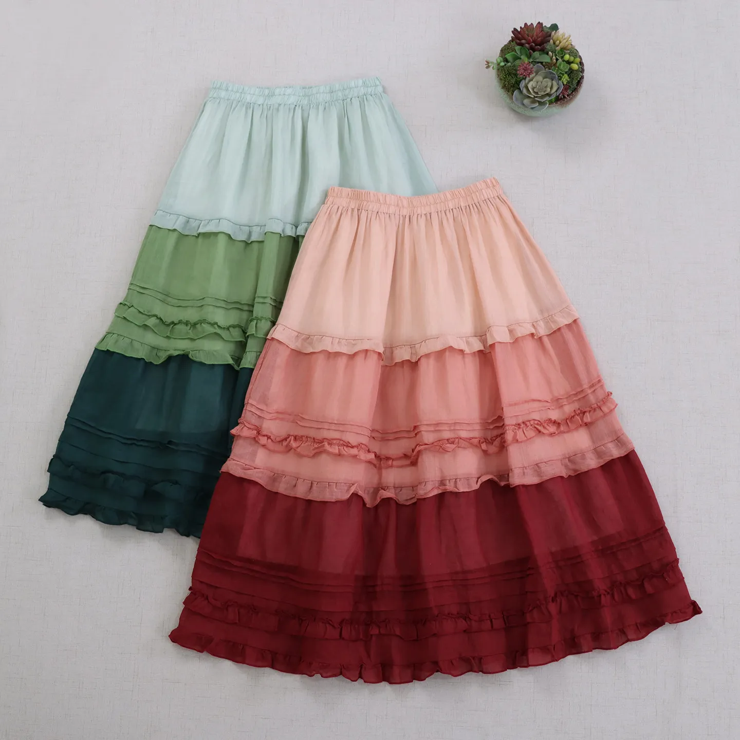 Japanese Sweet Mori Girl Gradient Color 100% Ramie Ruffles Cake Skirts Women Autumn Elastic Waist Casual Loose A-Line Midi Skirt