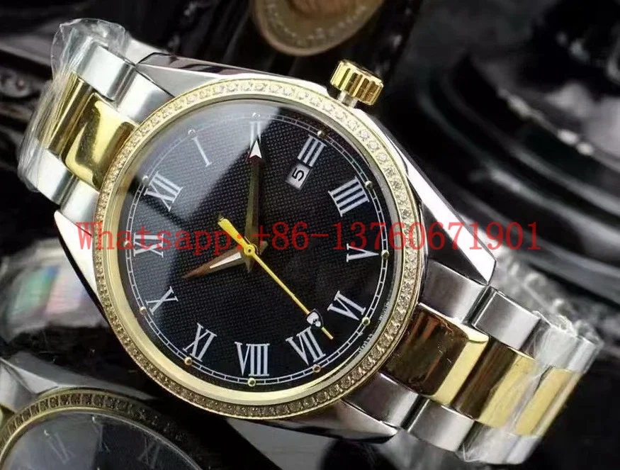 Luxury New Mens Automatic Mechanical Watch Stainless Steel Diamonds Silver Gold Black Leather Sapphire Glass Rome Dial 40mm