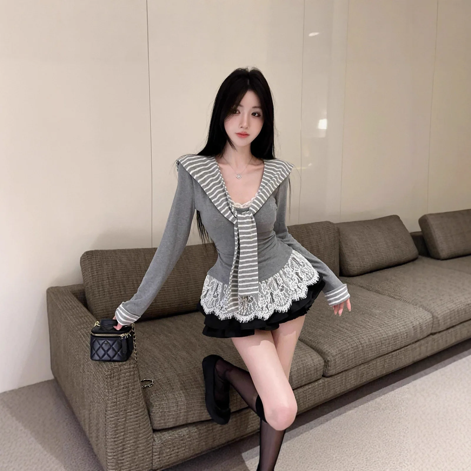 Autumnal Slim Fit Striped Blouse Lace Long Sleeve T-Shirt And Puffy Half Skirt Two Piece Set College Style Uniform School Uni...