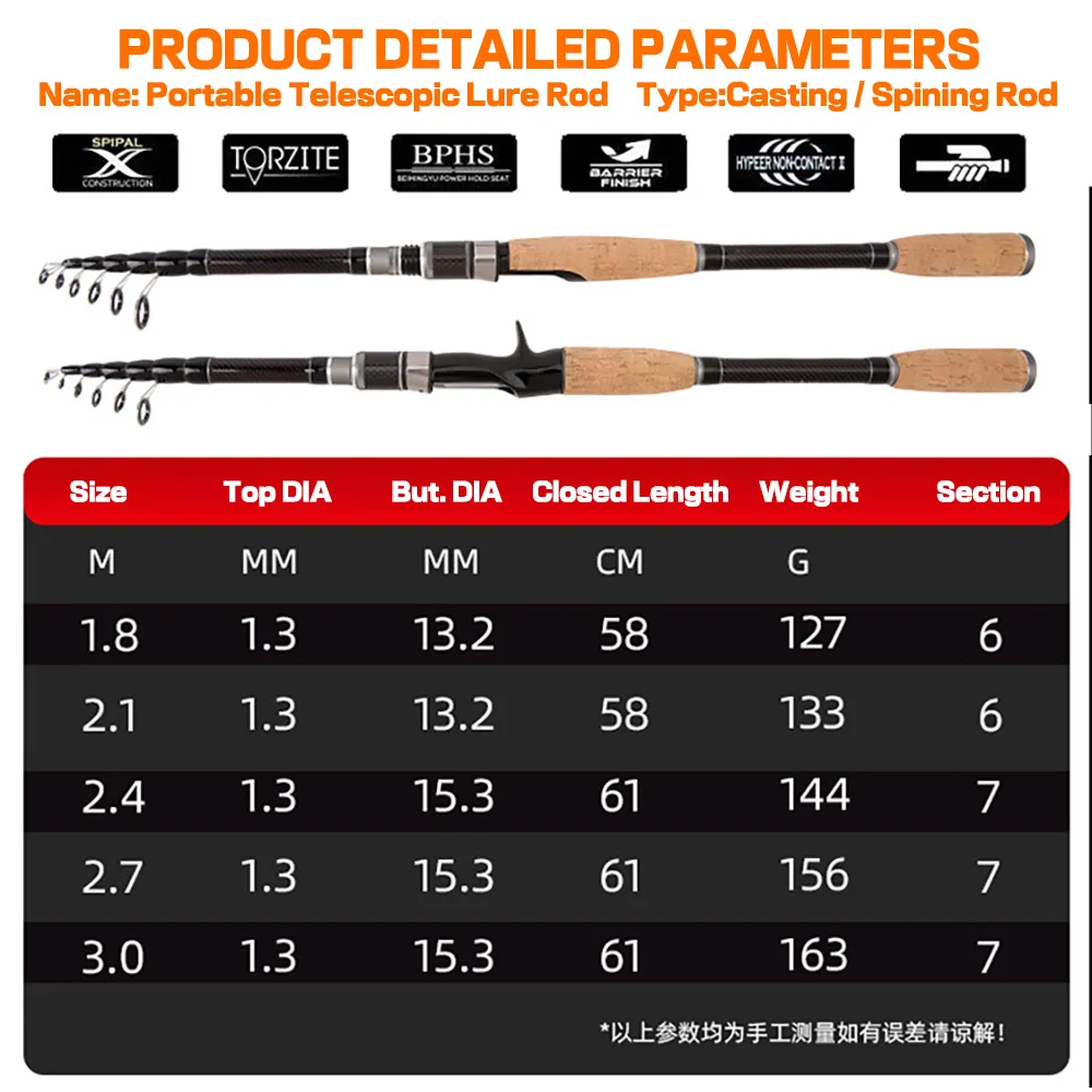 1.8M 2.1M 2.4M 2.7M 3.0M Carbon Rod Telescopic Lure Fishing Rod Casting Spinning Rod Travel Rod Ultralight Fishing Rod