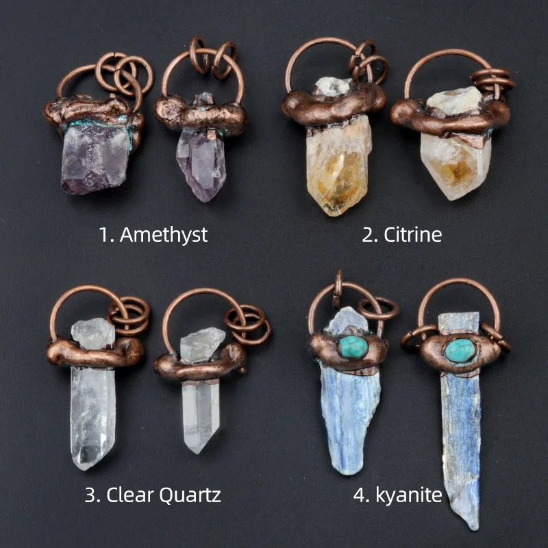 Chinese Style Lucky Blessing Natural Raw Crystal Pendant Necklace Retro Copper Wrapped Amethyst Clear Citrine Blue Kyanite Jewel