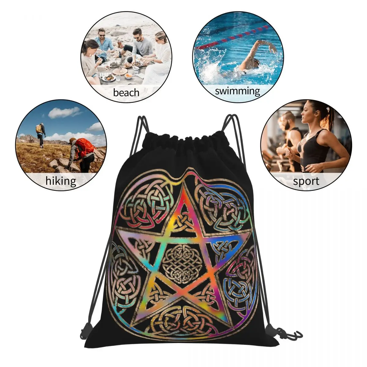 輝く五芒星飾りバックパックカジュアルポータ​​ブル巾着バッグ収納袋ブックバッグ男性女性学生