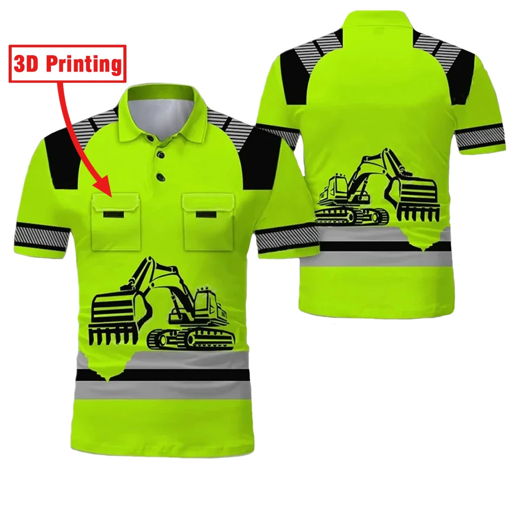 Project Work Uniforms Excavator 3D Printed Oversized Men‘s Polo Shirt Short Sleeve Top Tee Breathable Uniform Workwear Safety