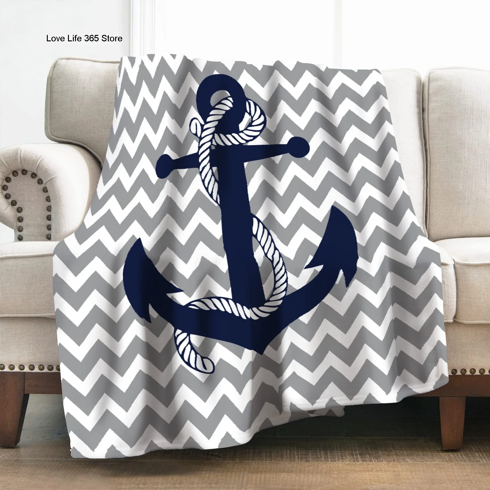 Boat Anchor Blue And Grey Stripes Flannel Blanket 3D Printed Marine Navy Fleece Soft Polyester Fabric Sofa Chair Applicable