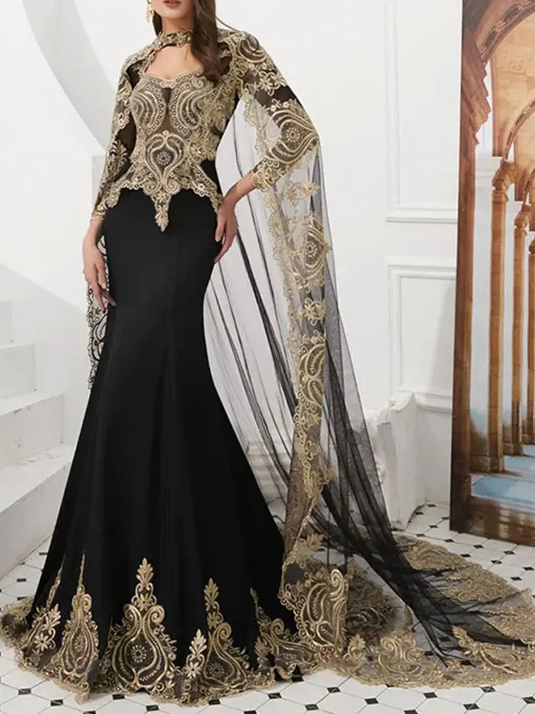 

Elegant Tulle Shawl Long Sleeve Appliques Mermaid Trumpet Wedding Guests Arabic Formal Prom Party Woman Gowns 2024