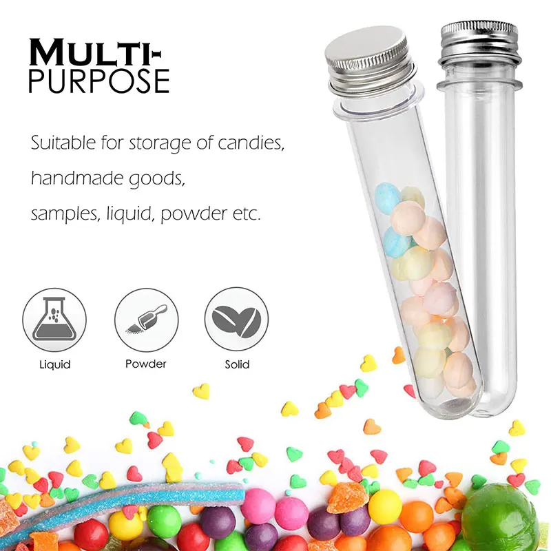 24Pcs PET 40ml Transparent Plastic Test Tube Bottle Candy Testontainer Bath Salt Tube with Aluminum Screw Lids