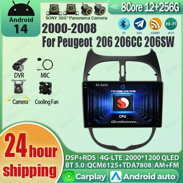

Android 14 wifi+4G Carplay Car Radio For Peugeot 206 206CC 206SW 2001 - 2016 Navigation GPS Multimedia Video Player Stereo AUTO