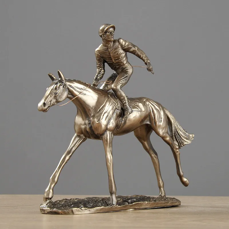 Resin Bronze Finish Two Jockeys Racing Horse Statue Competitive Equestrian Sculpture Home Office Desk Decorative Ornament Gift