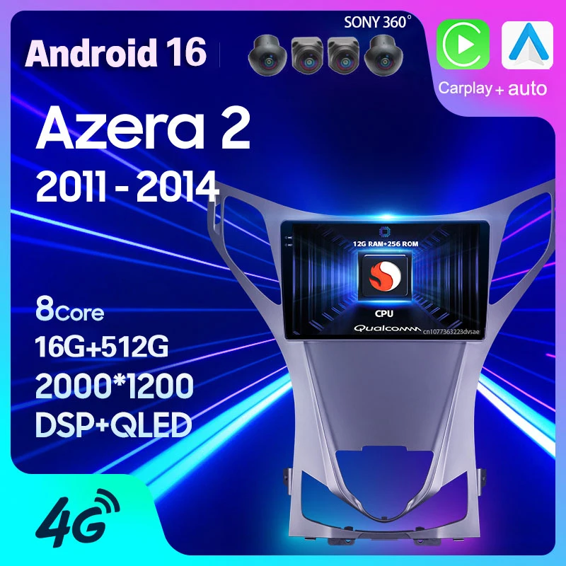 Android 16 Carplay Auto For Hyundai Azera 2 II 2011 2012 2013 2014 Car Radio WIFI+4G BT Navigation Multimedia 2 Din Stereo Video
