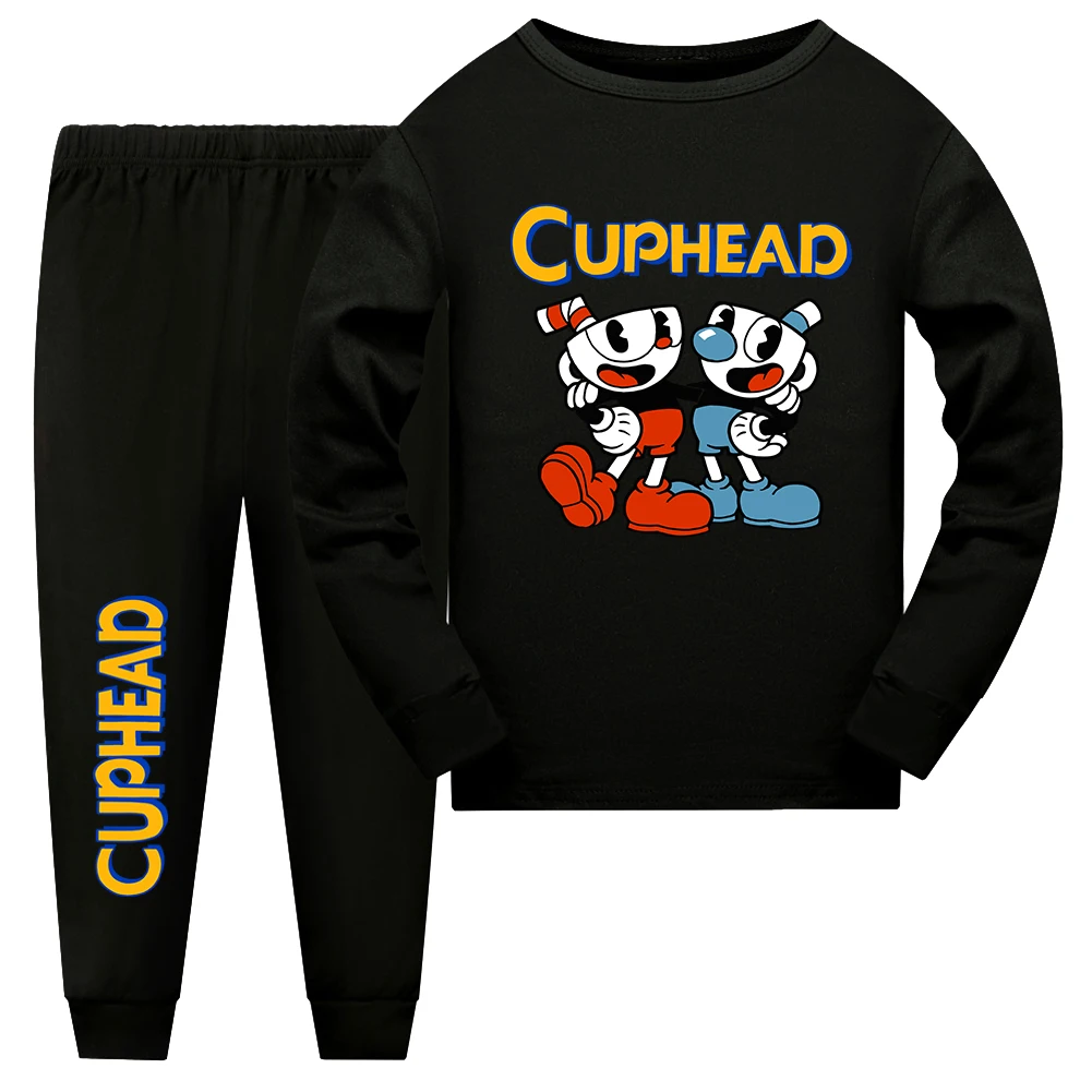 Cartoon Cuphead Mugman Print  Kids Pajamas Set Girl Cosplay Tracksuit Home Clothing Long Sleeve Sleepwear Boy Clothing Nightwear