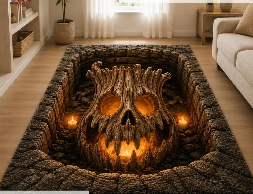 2D Creepy Tree Skull Area Rug, Stone Dungeon Pit Runner Rug Gothic Halloween Decor Scary Haunted House, Optical Illusion Carpet