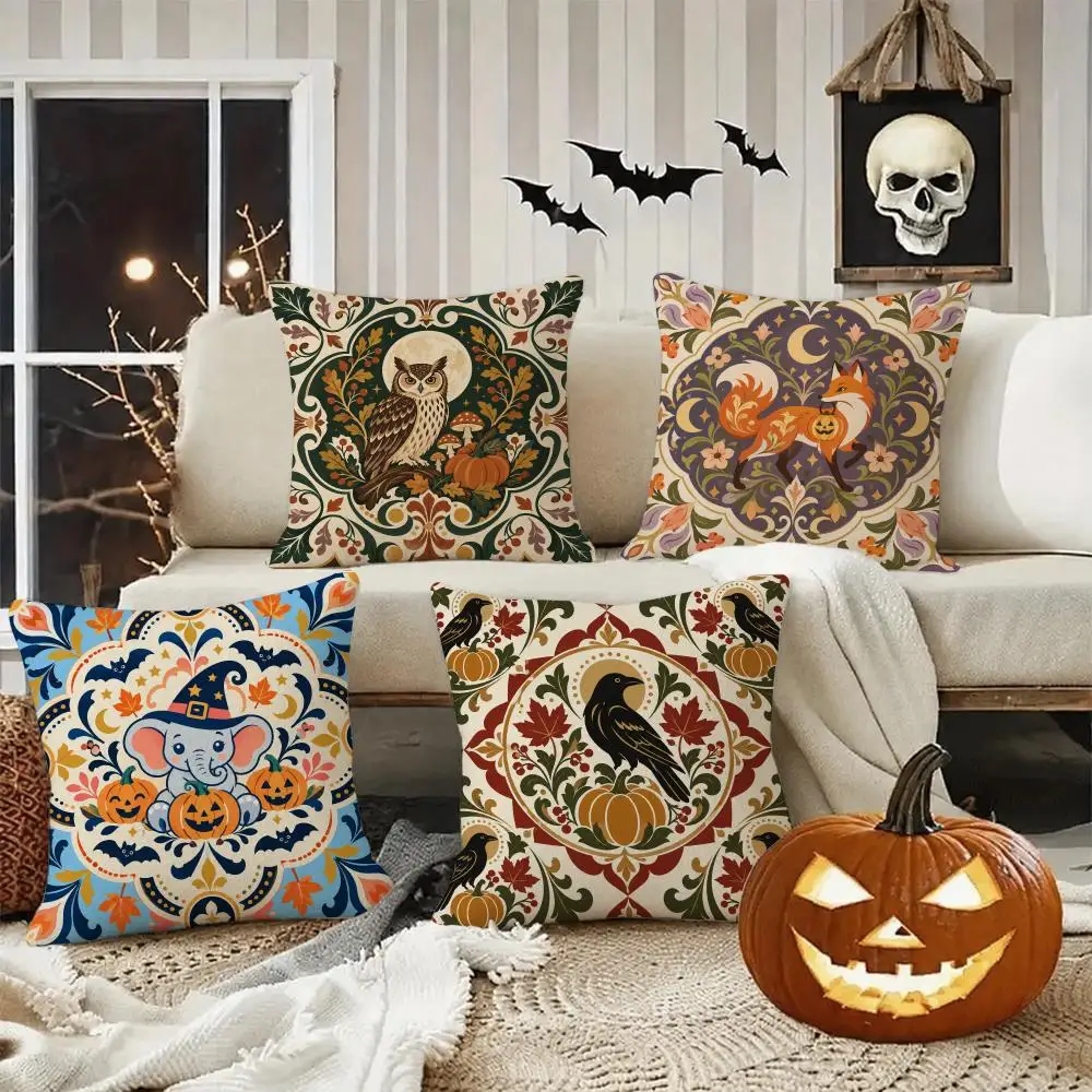 Folk Halloween Cushion Pattern Cushion Cover Halloween Rustic Throw Pillow Covers, Cute Ghost Pumpkin Maple Leaf Cushion Covers