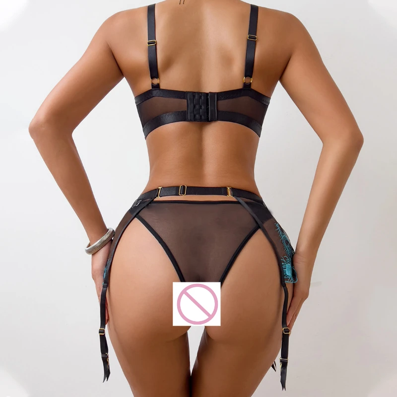 Moda nova perspectiva bordado malha fio sexy oco complexo roupa interior erótica conjunto de três peças terno do corpo lingerie sexy