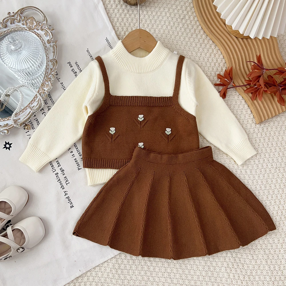 2-6 Year Old Autumn/Winter Color Blocked Preppy Style Girl Clothes Long Sleeve Fake Two Piece Knitted Sweater + Brown Skirt