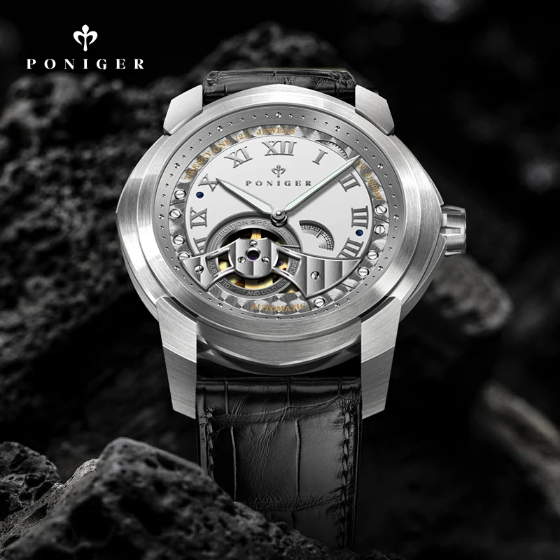 PONIGER 45mm Orologio da uomo 5ATM Impermeabile Scheletro Design meccanico Lancette luminose Orologio automatico da uomo