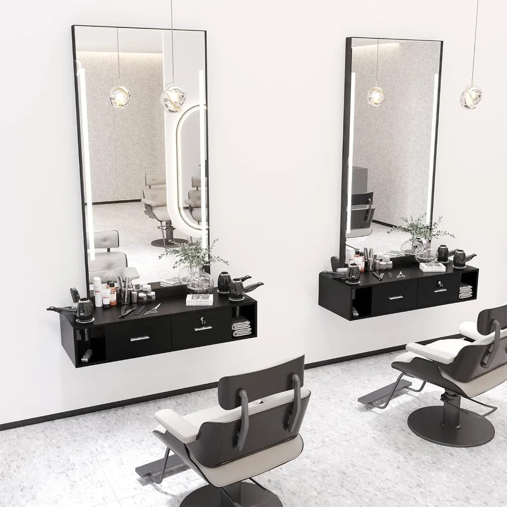 Wall Mount Salon Styling Station with Locking Drawers, 5 Hair Dryer Holders, Black