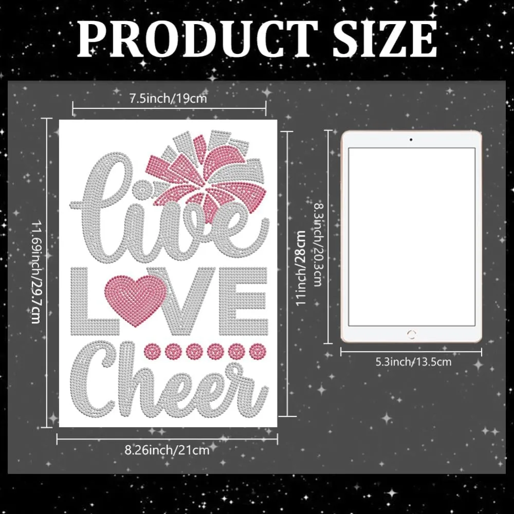 Live Love Cheer Rhinestone Iron on Decal Cheerleader Ball Hotfix Transfer Sticker Lucky Word Heat Transfer Patch Bling Clothing