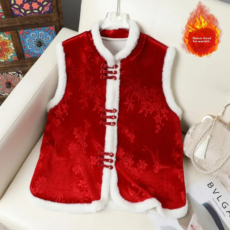

Красный бархатный жилет 2026: Новинка зимы, праздничный дизайн с китайскими традиционными пуговицами, модная верхняя одежда для женщин среднего возраста