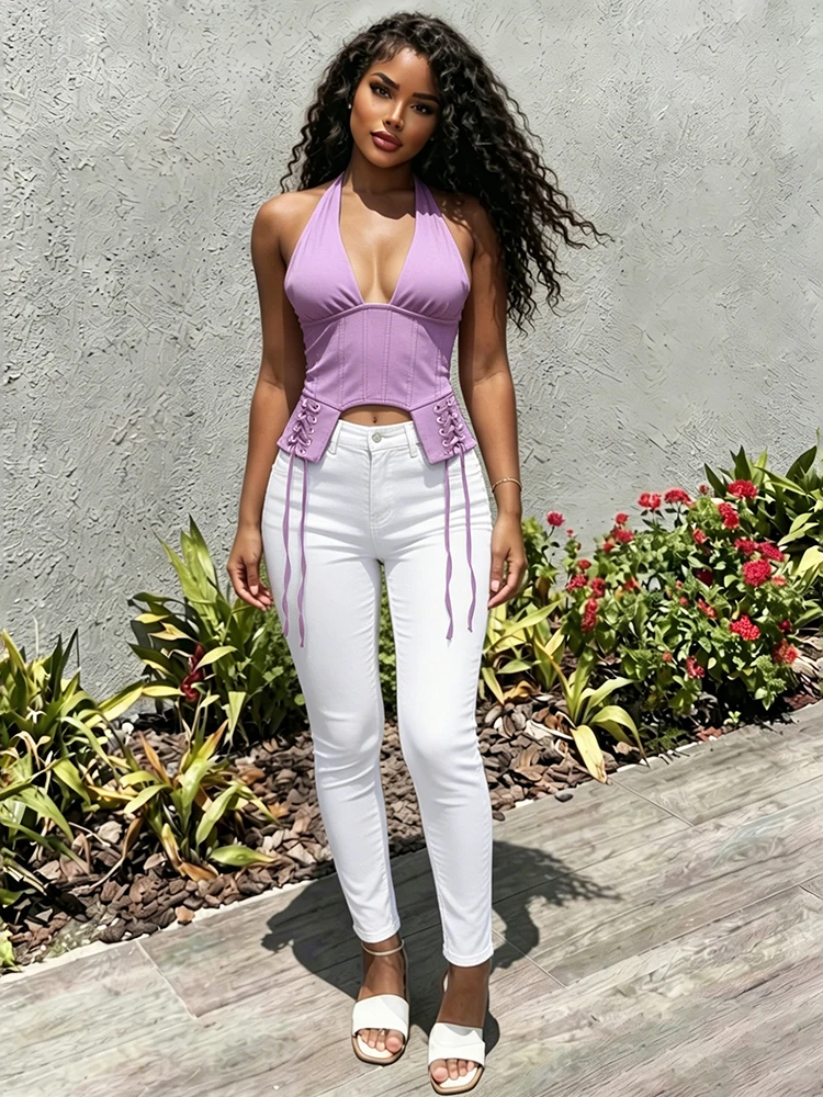 Sisterlinda Trend Damen Cross-Bandage Tanktop mit Dekoration, Neckholder, tiefem Ausschnitt, rückenfrei, unregelmäßige Form, sexy Sommer-Mode-Westen – Detail 18