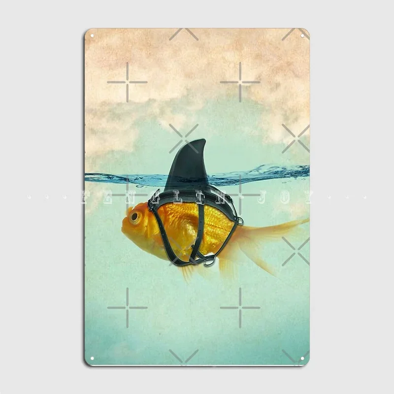 Brilient Disguise Goldfish With A Shark Fin Metal Plaque Poster Mural Painting Personalized Club Bar Tin Sign Posters
