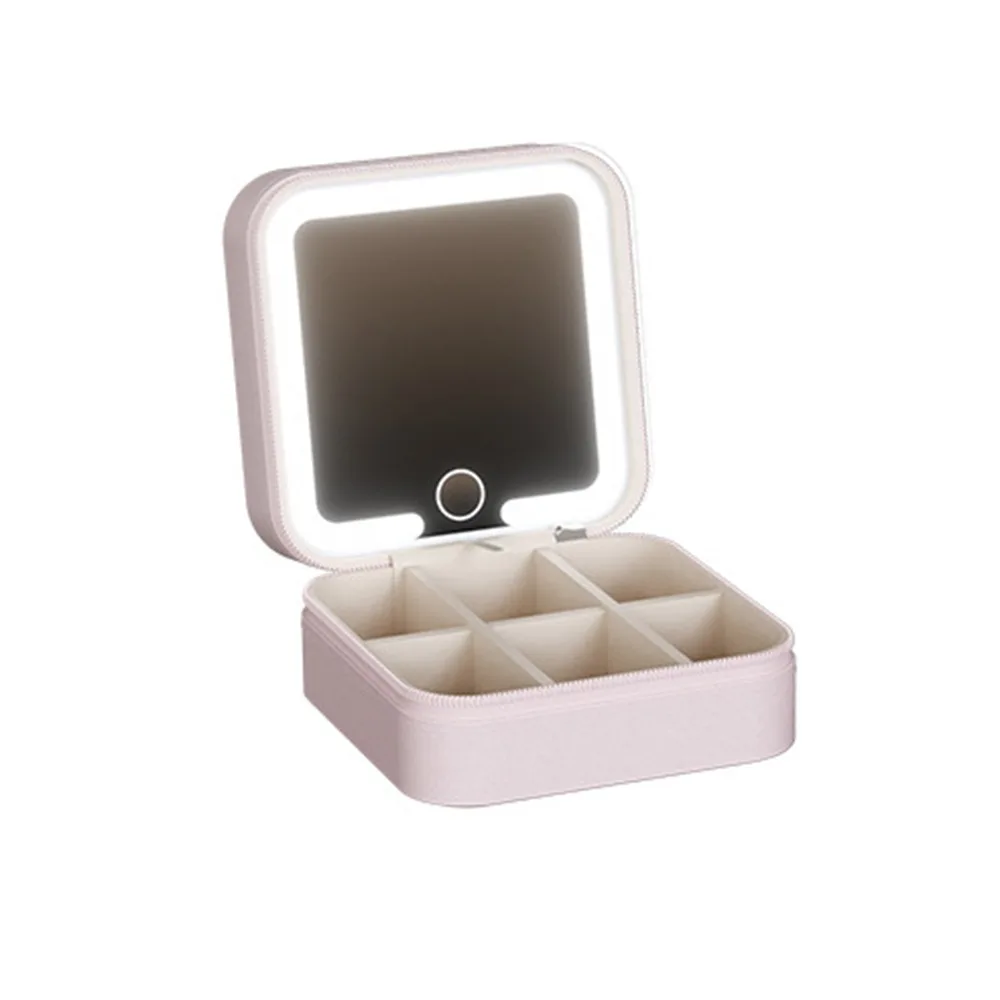 

Detachable Jewelry Box with Mirror Large-capacity Portable LED Lighted Earrings Case Zipper Closure Space Saving
