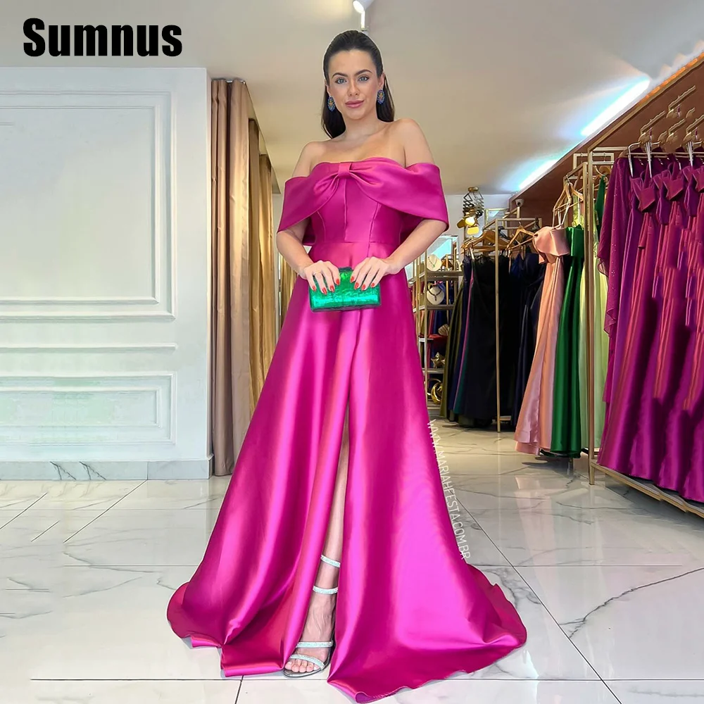 

Sumnus Fuchsia Evening Dress For Party Satin Off the Shoulder Sleeves Pleats Elegant Prom Gowns Train Celebrity Event Dress