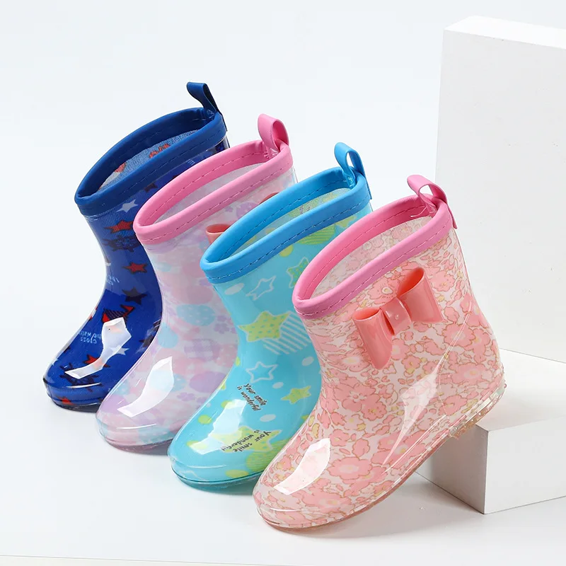 Kids Rain Boots Toddler Waterproof Rubber Rain Shoes Boys Soft PVC Non-slip Water Shoes Cute Cartoon Bow Girl\'s Boot Water Boat