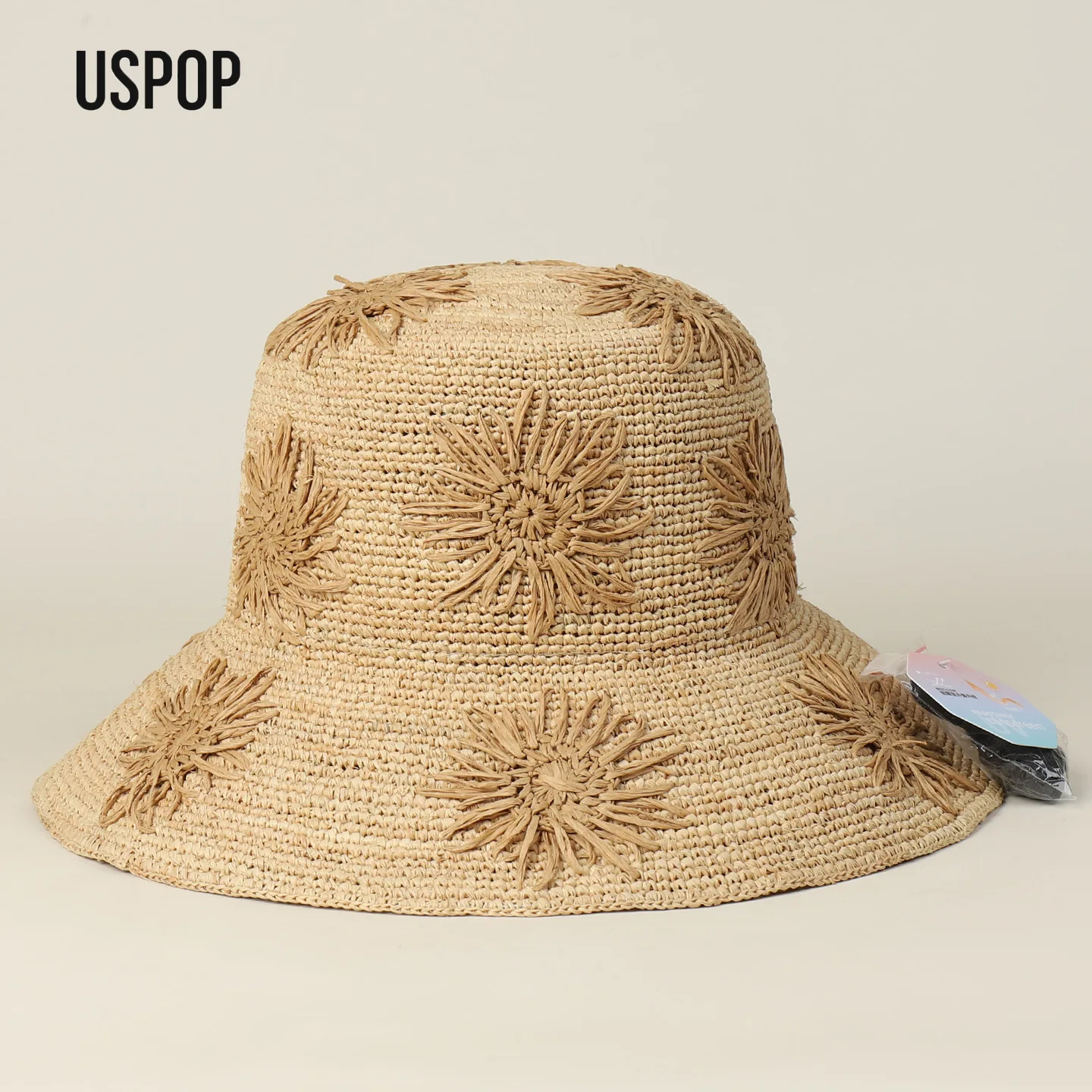 USPOP Women Foldable Raffia Bucket Hat with Sunflower Design, Wide Brim Summer Beach Sun Hat, Adjustable Straw Hat
