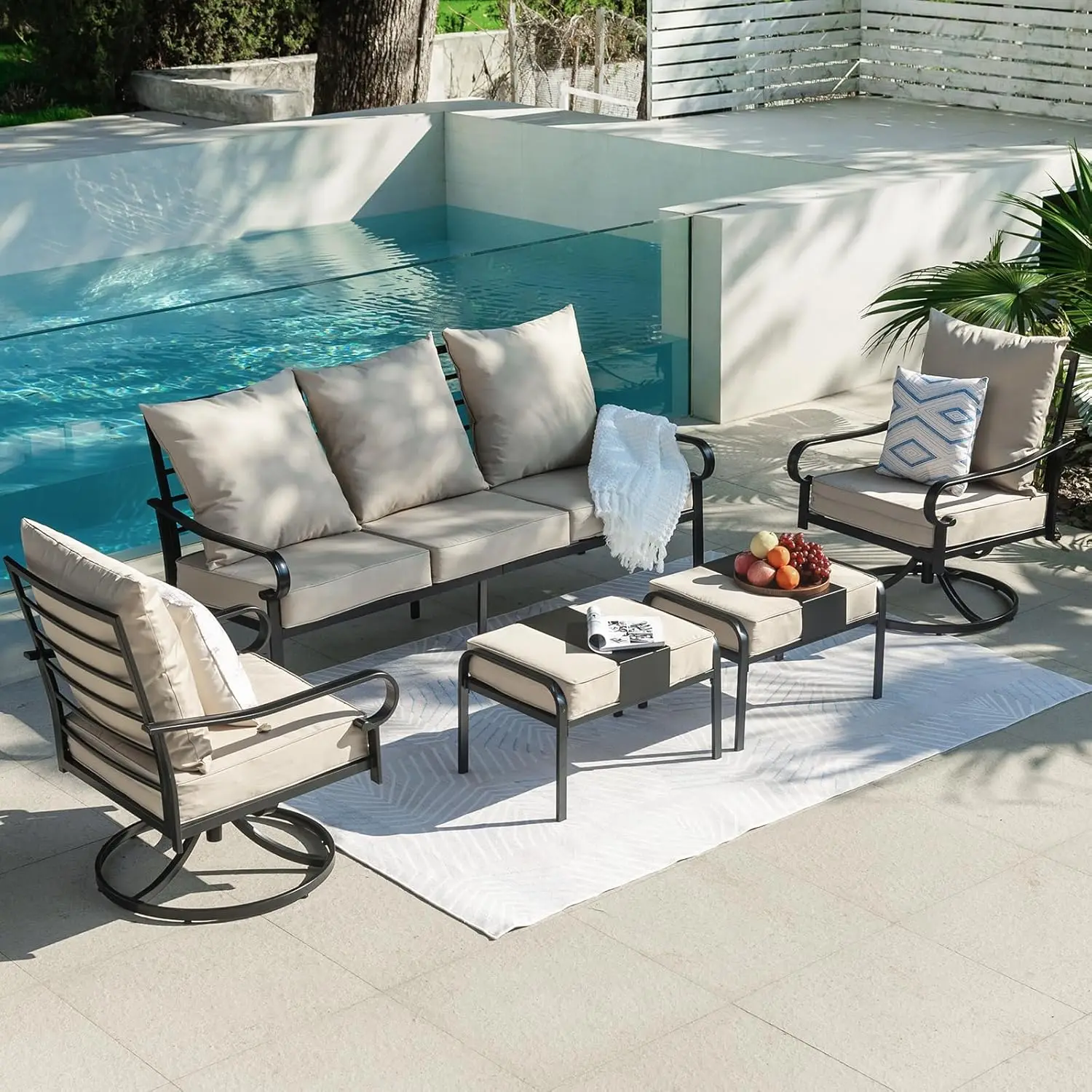 

5 Piece Patio Furniture Set, Metal Patio Conversation Set With 1x3 Seater Sofa & 2xSwivel Chairs & 2xOttomans,, Customized