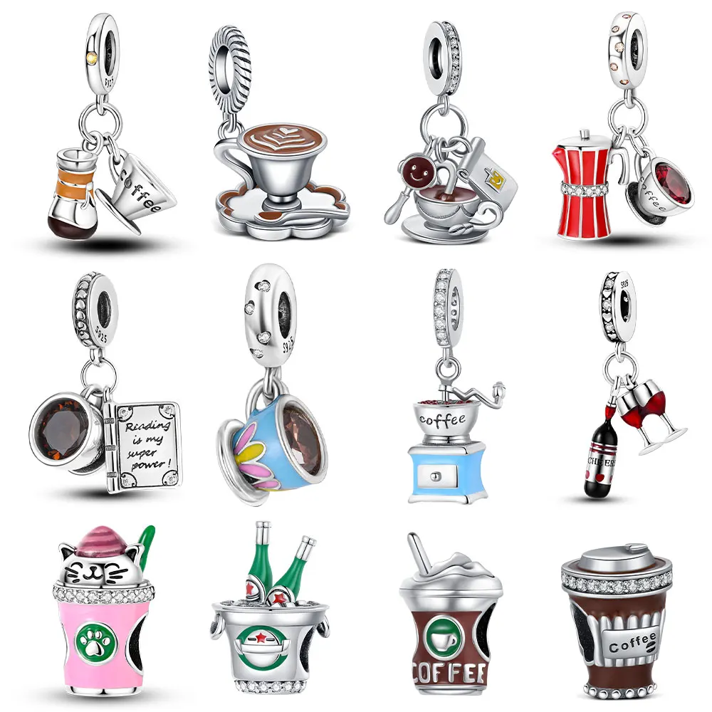 925 Sterling Silver Original Coffe Cup Charms Bead beer champagne Pendant Fit Bracelet Diy Making For Women Fine Jewelry Gift