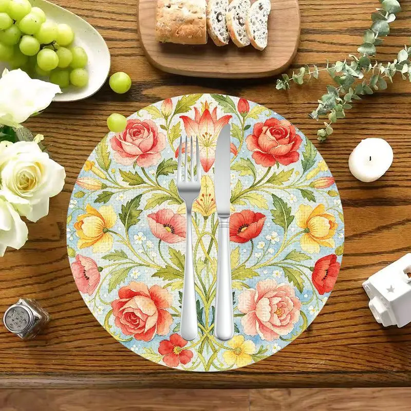 VIKAMA Morandi Rose Lily Watercolor Floral Round Placemats Heat Resistant Washable Non Slip Boho Farmhouse Kitchen Decor