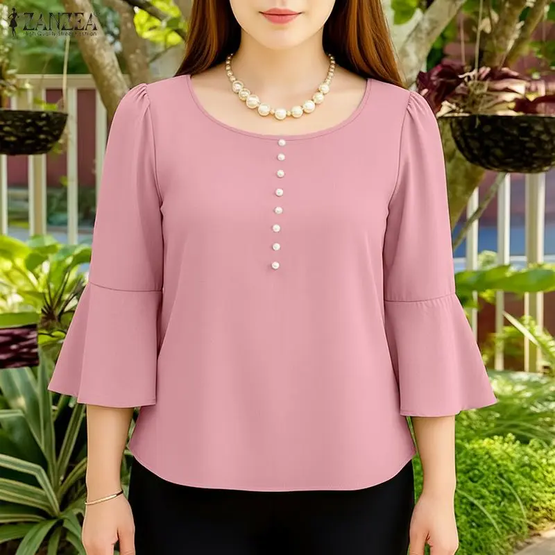 

Женская летняя офисная блузка ZANZEA, элегантная рубашка с рукавами 3/4, женская офисная блузка с круглым вырезом, повседневные однотонные блузки больших размеров