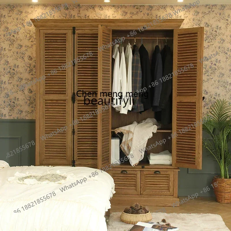 SS new styleAmerican Country Solid Wood Four Door Wardrobe Household Bedroom Walnut Door Lockerss 7486 ss 7486