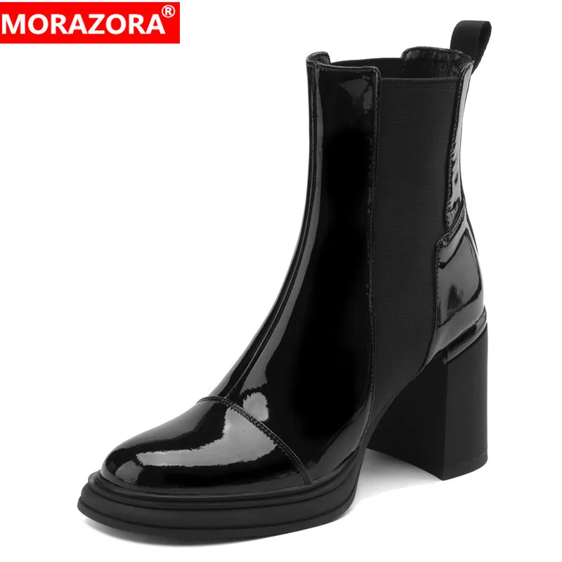

MORAZORA/2026, новые женские ботильоны на высоком квадратном каблуке, ботинки челси на платформе, осенне-зимние короткие ботильоны из лакированной кожи