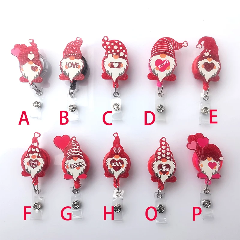 New Glitter Acrylic Valentine's Day Gnome Love Heart Badge Reel Retractable ID Badge Holder Alligator Clip Nurse Name Holder