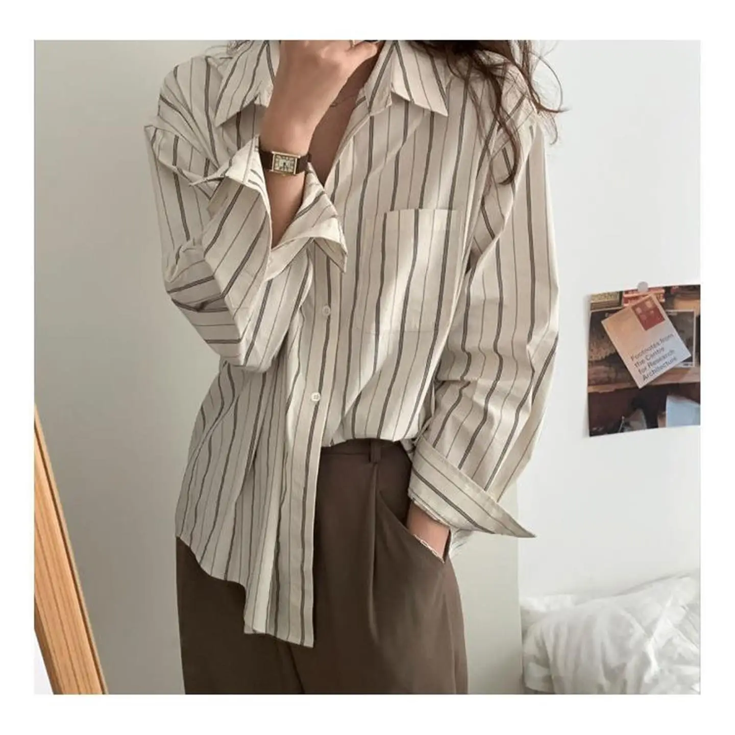 

Рубашка женская в полоску в гонконгском стиле, свободного кроя, с длинным рукавом, модная, весенне-осенняя, без бренда, для повседневной носки, с воротником на пуговицах