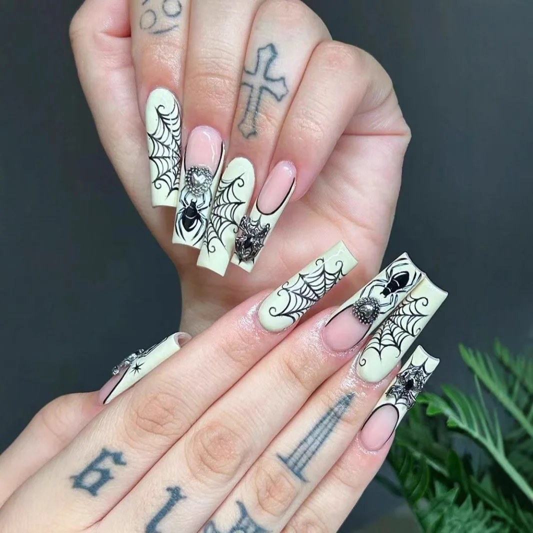 24pcs Punk Style Long Coffin Fake Nails Metal Spider black S