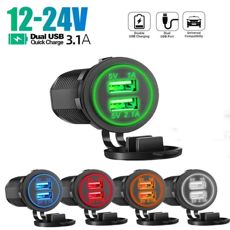 Dual USB Car Charger 5V 3.1A 12V-24V With Panel Waterproof Power Adapter Socket Outlet for Vehicle Boat Truck Motorcycle 