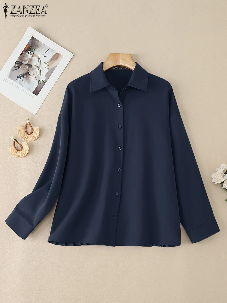 Mode Vrouwen Shirt ZANZEA 2025 Herfst Blouse Vrouwen Revers Hals Lange Mouw Office Shirts Solid Pleaed Blusas Vrouwelijke OL Werk tops