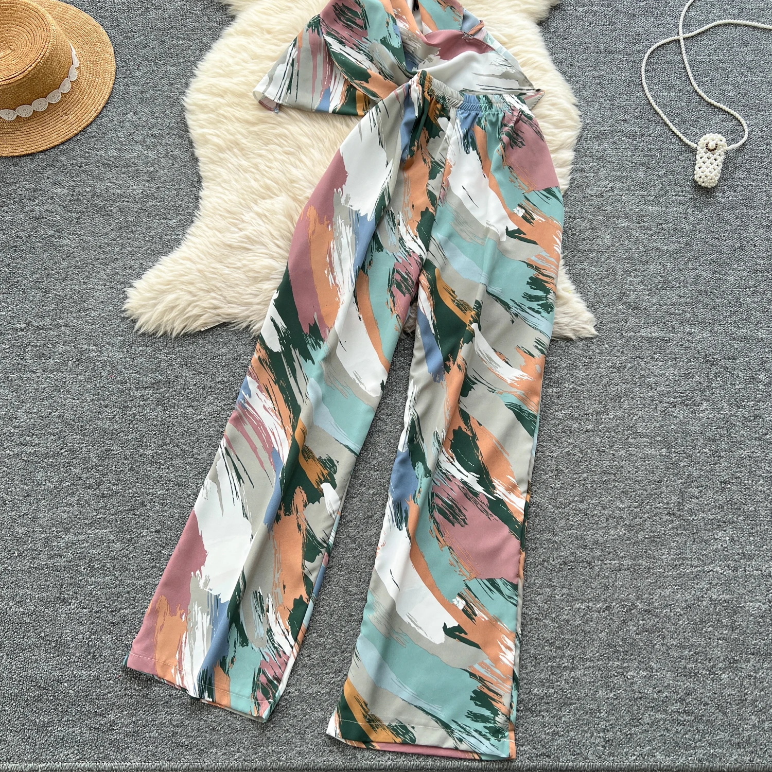 พิมพ์ผู้หญิงฤดูร้อนแฟชั่น 2 ชิ้นชุดแขนสั้น + กางเกงขากว้างยาว Streetwear สุภาพสตรีชุด 2 ชิ้นชุดชุด